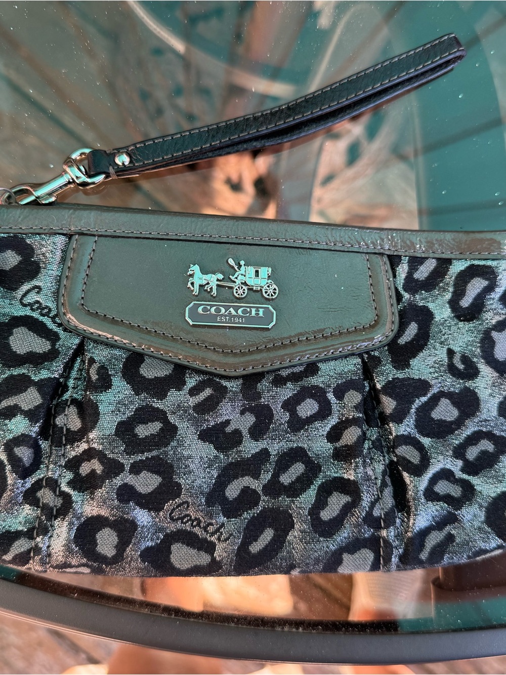 Coach Black and Gray Leopard Print Wristlet Clutch